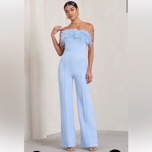 NWT Club L London - FIRST CLASS 
BLUE BANDEAU FEATHER WIDE LEG JUMPSUIT Sz 8 US